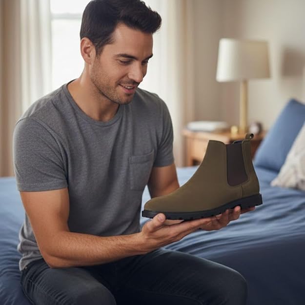 Men’s Suede Finish Round Toe Genuine Leather Chelsea Boot Anti Slip TPR Rubber Sole