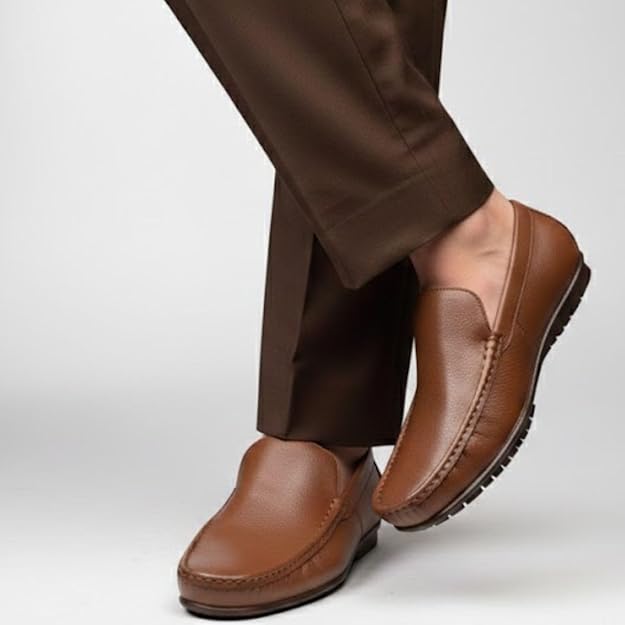 Men's Tan Synthetic Leather Slip On Lining Soft Cushion Insole Anti Slip TPR Sole Loafer Shoes