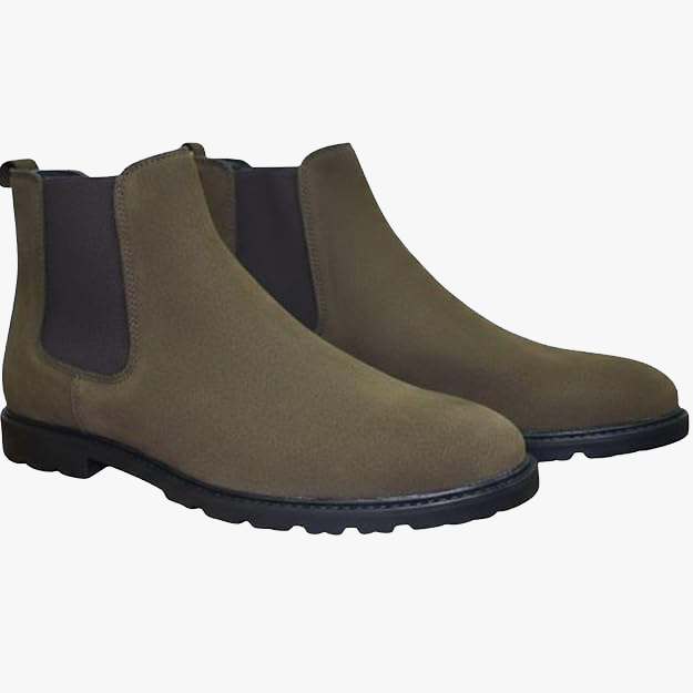 Men's Suede Finish Round Toe Genuine Leather Chelsea Boot Anti Slip TPR Rubber Sole